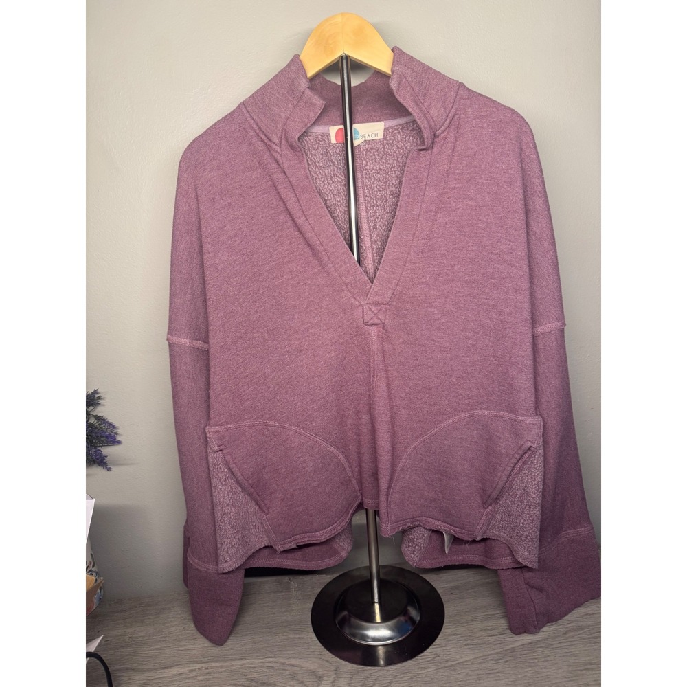 Free People Beach Womens Purple Fleece V-Neck Pullover Sweatshirt Size Small